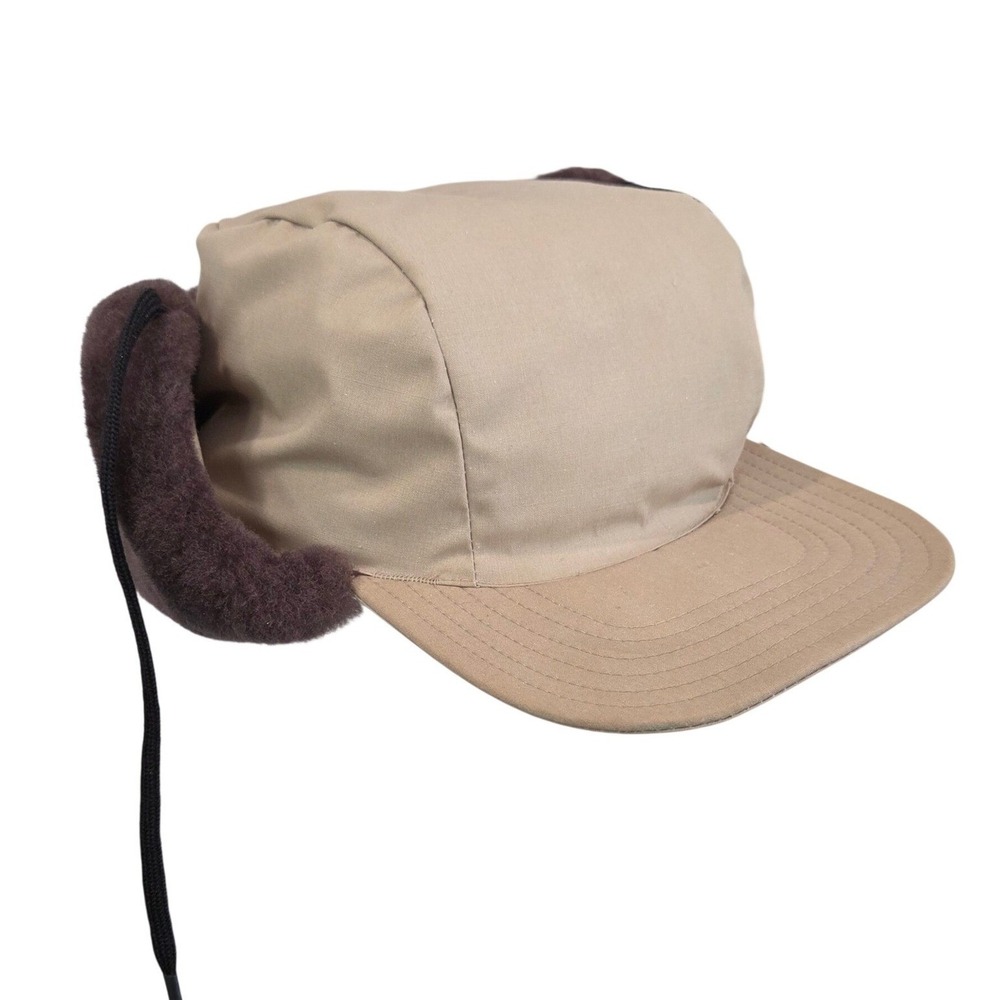 VTG 80s Eddie Bauer Tan Trapper Hunting Hat Goose Down Faux Fur Ear Flaps Winter